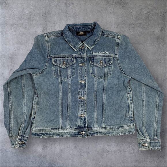 Harley Davidson Motor Clothes Denim Jacket Women's Large Blue Embroidered Patch - Picture 3 of 11